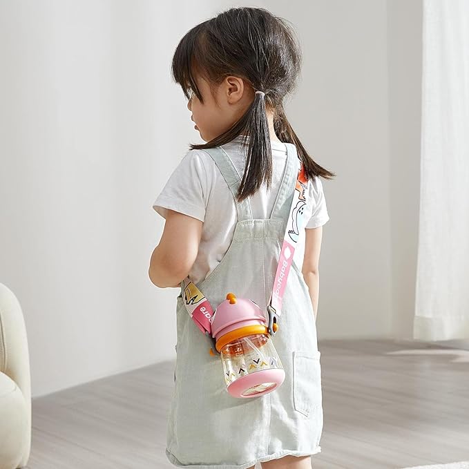 bc babycare Straw Sippy Cups for Toddler, No Spill Sippy Cups for Baby 1+ Year Old, Transition Weighted Sippy Cup with Straw and Strap, 10oz/300ml, Pink-CubbioJoy