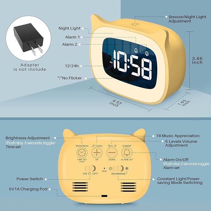 Kids Alarm Clock with Night Light & 18 Ringtones,Rechargeable,Cute Cat Ear Clock for Boys Girls Birthday Presents,Digital Clock for Children's Bedroom(Yellow)-CubbioJoy