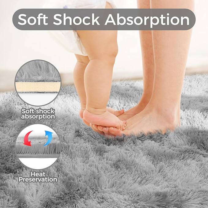 5X8 Ultra Soft Rug for Living Room, 5X8 Fluffy Shag Area Rug for Bedroom, Modern Shaggy Carpets Fuzzy Rug for Teens Dorm Nursery Home Decor Aesthetic, Upgrade Anti-Skid Durable, Tie-Dyed Light Grey-CubbioJoy