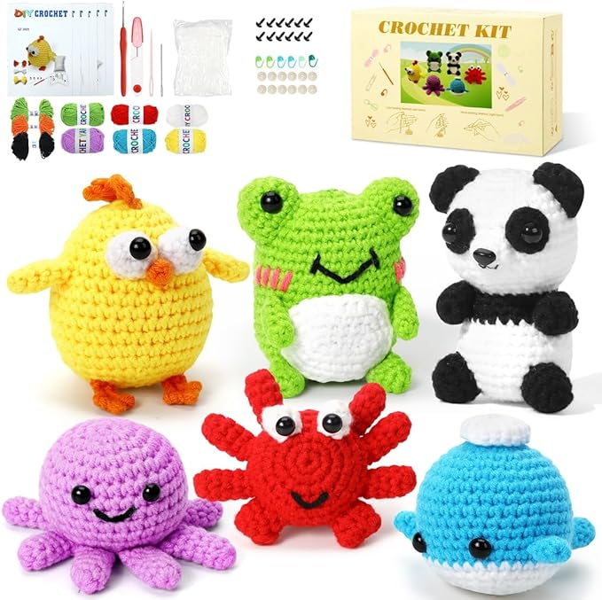 6 PCS Crochet Animal Kit –2026 DIY Amigurumi Crochet Kit for Beginners, Knitting Crochet Kit For Kids Adults , Knitting Kit with detailed videos tutorials, Yarn, Hook, Best Gift For Crochet Lovers-CubbioJoy