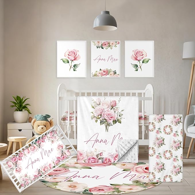 Custom Crib Bedding Set - 5 Pcs Personalized Name Pink Flowers Baby Crib Set for Infant Toddler Girl - Comfortable Double Layer Nursery Bedding Set - Customized Present for Birthday Baby Shower-CubbioJoy