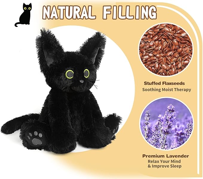 Cuckool Black Cat Stuffed Animals, Microwavable Stuffed Animals Heating Pad for Cramps, Pain Stress Relief, Heatable & Coolable Lavender Scented Cat Plush Toys for Anxiety, Women & Kids Bedtime-CubbioJoy