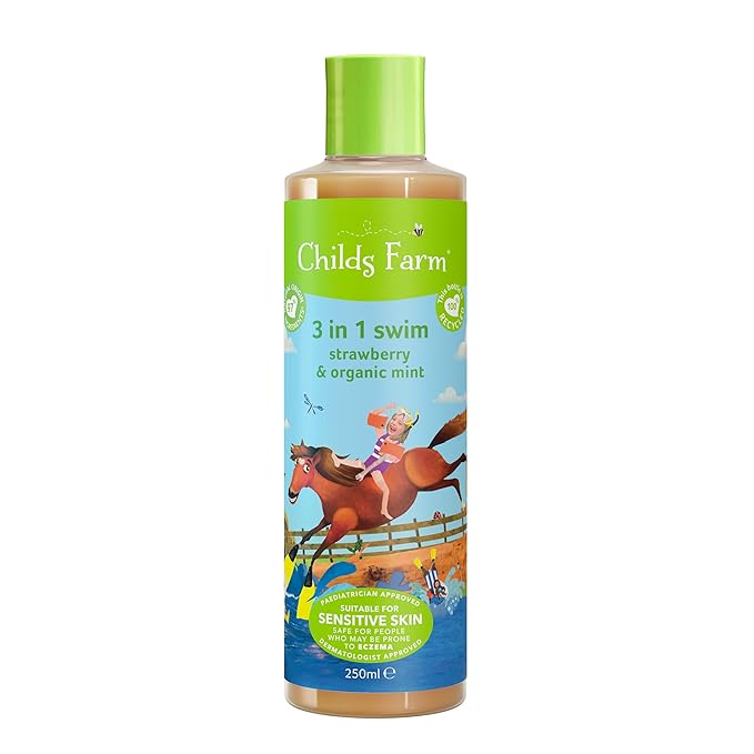 Childs Farm, Kids 3 in 1 Swim, Strawberry and Organic Mint, Body Wash, Shampoo and Conditioner, Suitable for Dry, Sensitive and Eczema-Prone Skin, 8.4 Fl Oz-CubbioJoy
