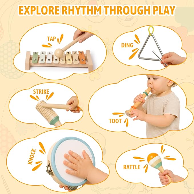 Baby Musical Instruments - Wooden Montessori Toys for Toddlers 1-3, Baby Musical Toys Percussion Instruments Set with Xylophone Tambourine, Neutral Preschool Educational Baby Toys for Boy Girls Gifts-CubbioJoy