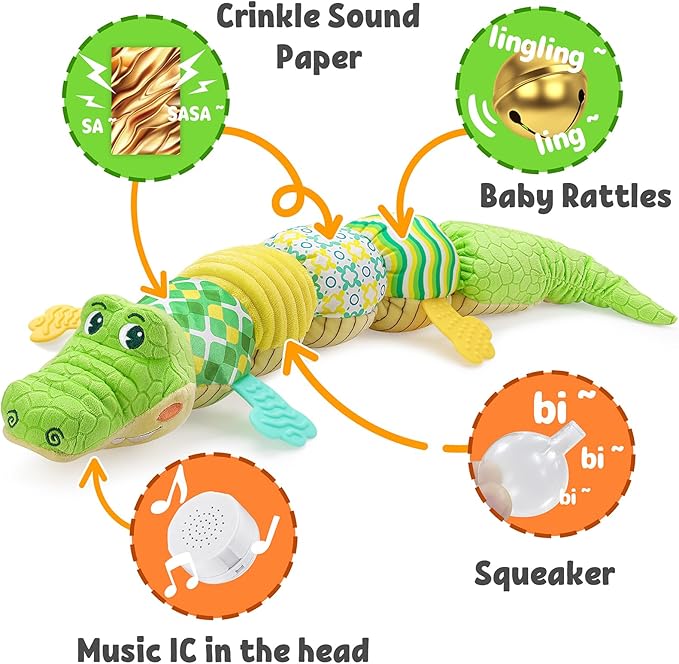 LIGHTDESIRE Baby Crocodile Musical Stuffed Animal, Infant Teething Toys with Ruler Design and Ring Bell, Suitable for Tummy Time, Newborn Boys & Girls 0-12 Months (Green)-CubbioJoy