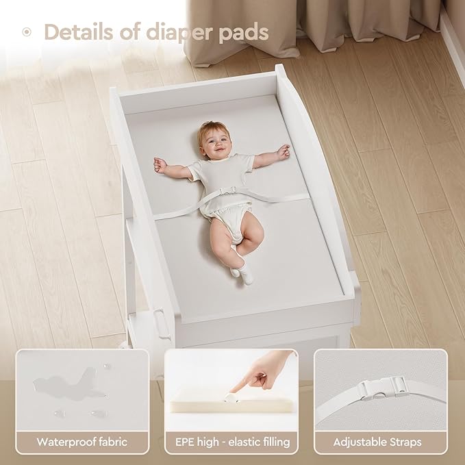Changing Table Dresser, Baby Dresser with 3 Fabric Drawers and 2 Shelves, Multi-Functional Baby Changing Table with Pad, Classic Nursery Dresser, Diaper Changing Station for Nursery, White-CubbioJoy