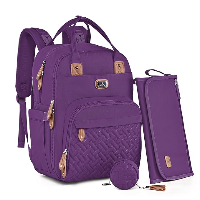 Dikaslon Diaper Bag Backpack with Portable Changing Pad, Pacifier Case and Stroller Straps, Large Unisex Baby Bags for Boys Girls, Multipurpose Travel Back Pack Moms Dads, Purple-CubbioJoy