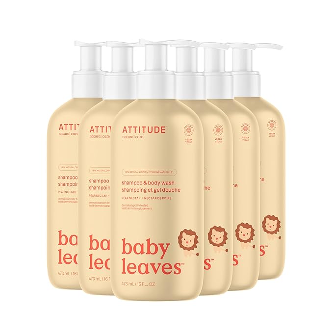 ATTITUDE 2-in-1 Shampoo and Body Wash for Baby, EWG Verified, Dermatologically Tested, Made with Naturally Derived Ingredients, Vegan, Pear Nectar, 16 Fl Oz (Pack of 6)-CubbioJoy