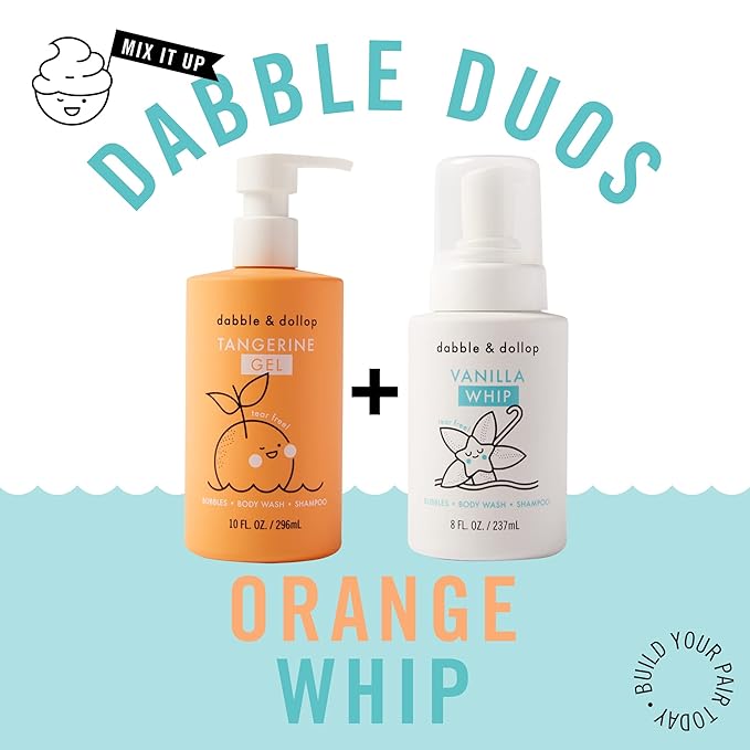 Dabble & Dollop Tangerine + Vanilla Body Wash & Shampoo – 3-in-1 Natural Bubble Bath for Kids, Made in USA, No Parabens or Sulfates, Vegan, Gluten-Free, Tear-Free (2-Pack)-CubbioJoy