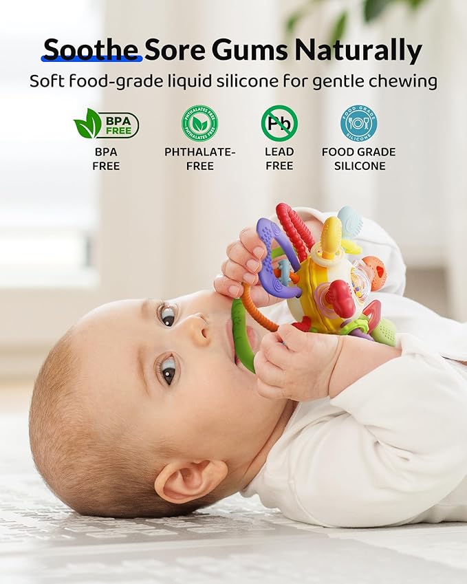 Baby Montessori Sensory Teething Toy – Safe, Multi-Functional BPA-Free Silicone Teether Toy for Babies 0-12 Months – Vibrant Rattle for Teething Relief & Fun Play – Perfect Baby Toys for Boys & Girls-CubbioJoy