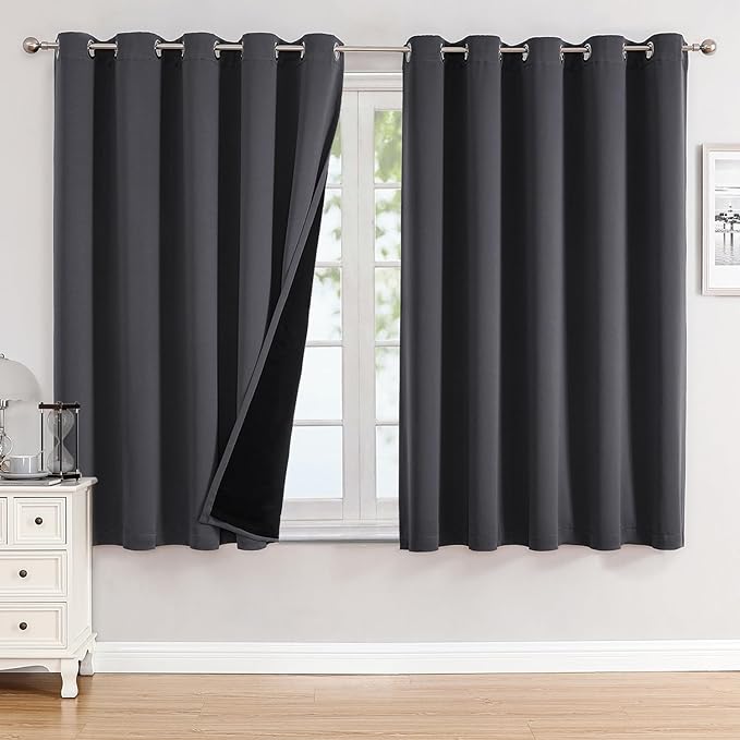 ChrisDowa 100% Blackout Curtains 63 inch Long for Bedroom with Black Liner, Extra Wide 2 Thick Layers Total Blackout Thermal Insulated Grommet Window Curtains 2 Panels Set (Dark Grey, 60 x 63 Inch)-CubbioJoy