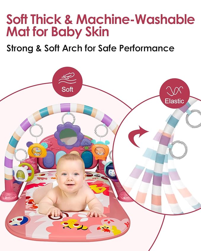 dearlomum Baby Play Mat Baby Gym,Funny Play Piano Tummy Time Baby Activity Mat with 5 Infant Sensory Baby Toys, Music and Lights Boy & Girl Gifts for Newborn Baby 0 to 3 6 9 12 Months (Tiger Pink)-CubbioJoy