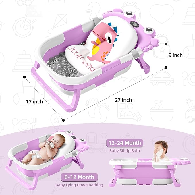 Collapsible Baby Bathtub for Infants to Toddler with Real-time Temp Monitor+Floating Cushion,Foldable Baby Bath Tub Set Applicable 0-36 Month,Portable Travel Bathtub for Newborns Girl (Purple)-CubbioJoy
