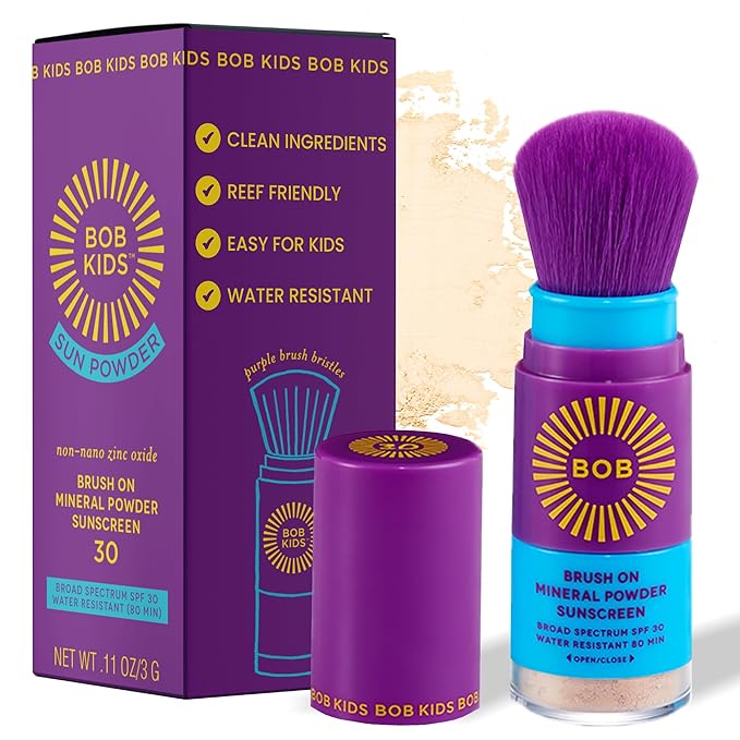 BOB KIDS SPF 30 Brush On Mineral Powder Sunscreen, Broad Spectrum Protection, Water Resistant 80 Mins, Fragrance Free, Easy to Apply for Kids & Babies, Mfg in USA-CubbioJoy