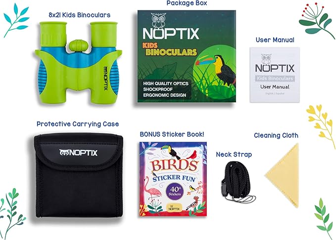Binoculars for Kids, Girls or Boys Real Kids Binoculars in Vibrant Green Blue - Includes Sticker Book with 40 Bird Species - Small Toys for Toddlers-CubbioJoy