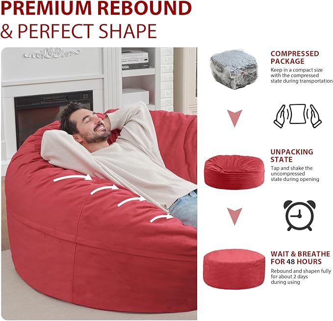 6FT Bean Bag Chair, Large Bean Bag Chairs with Memory Foam Filled, Fluffy Beanbag Sofa with Dutch Velvet Cover, Round BeanBag Chairs for Living Room, Playroom - Red-CubbioJoy