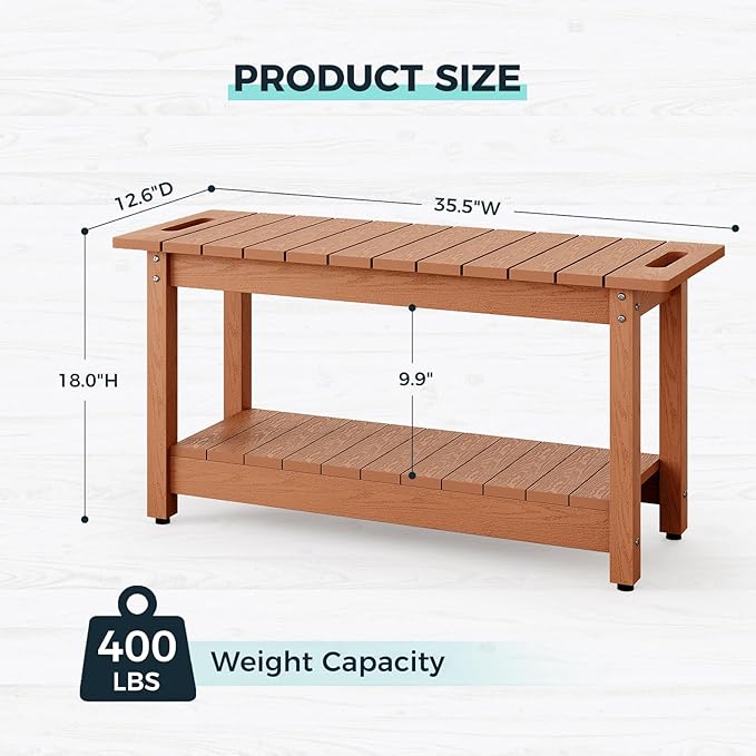 35" Shower Bench, Waterproof Poly Lumber Shower Stool for Shaving Legs, Shower Chair Seat Holds up to 400lbs, Bathroom Bench for Inside Shower, Non-Slip (Brown)-CubbioJoy