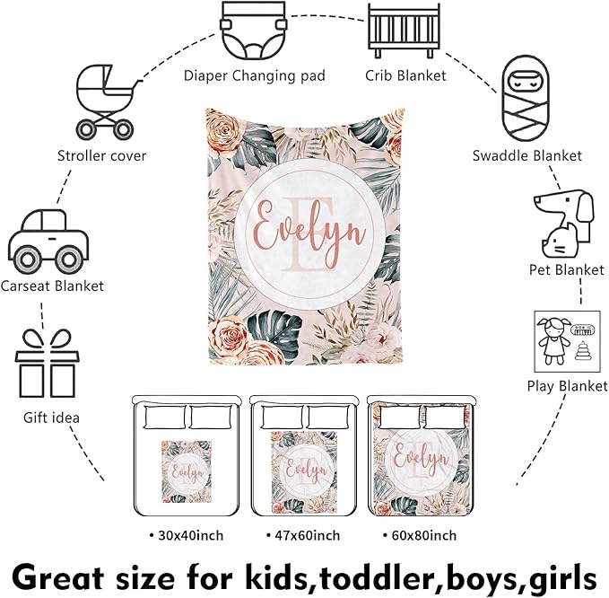 Custom Nursery Crib Bedding Set: 4 Piec Bohemian Flowers Baby Crib Sets for Girls with Personalized Name - Toddler Double Layer Blanket Set, Comfortable Crib Bed Sheets for Baby Toddlers-CubbioJoy