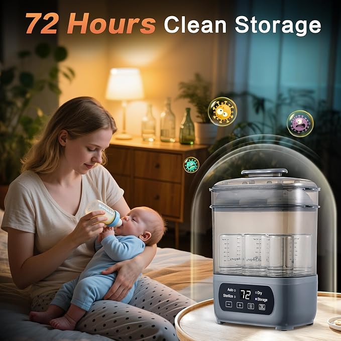 4-in-1 Baby Bottle Steamer and Dryer, Electric Steamer with Fast Drying, Universal Fit for All Bottles, LED Touch Screen & Auto Shut-Off Protection (Grey)-CubbioJoy