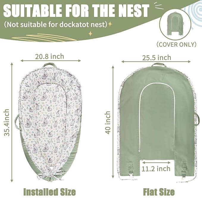 Baby Lounger Cover for Boys Girls, Reversible Baby Nest Cover, Adjustable Baby Lounger Replaceable Cover for Infant Newborn, Portable and Machine Washable, Cotton Green Rabbit Cover Only-CubbioJoy
