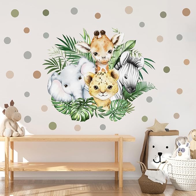 37.95x33.13 Inch Watercolor Jungle Animal Wall Decal Forest Animal Tiger Elephant Giraffe Zebra Wall Sticker Removable Safari Animal Wall Decal for Baby Nursery Playroom Bedroom Classroom Wall Decor-CubbioJoy