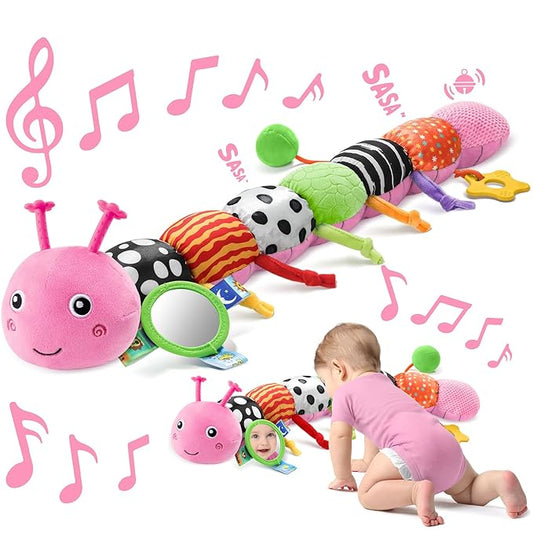 Sumobaby Baby Toys 0-6 6-12 Months,Music Caterpillar Plush Toy with Baby Mirror, Pull String&Crinkle Rattle,Infant Sensory Toys,Tummy Time for 0-3-6-12 Month Boys Girls Newborn Gifts (Pink-Branch)-CubbioJoy