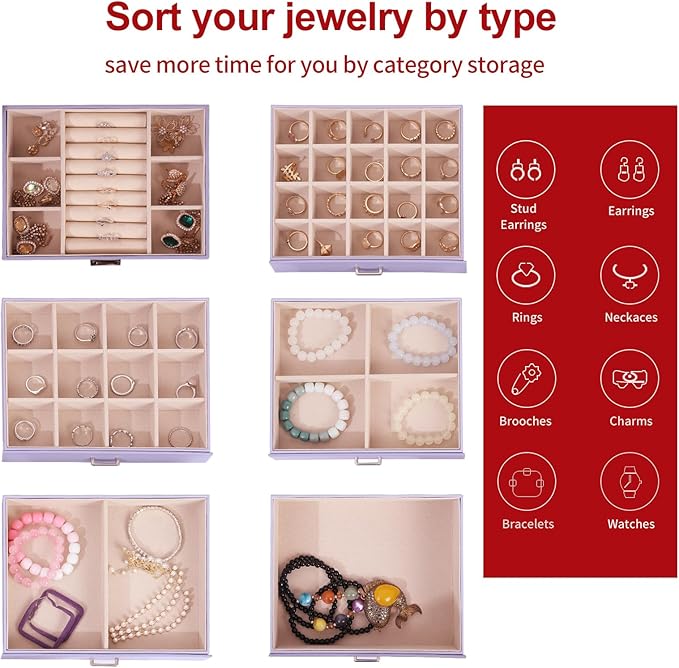 BOOVO Jewelry Box For women, 6 Layer Large Jewelry Organizer With Mirror, Multi-Function Storage Box With Lock, Accessory Holder With 5 Drawers, For Earrings Necklace Ring Bracelet (Purple)-CubbioJoy