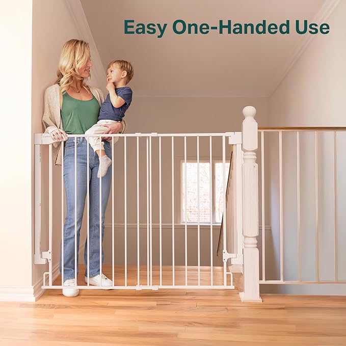 Cumbor 34" Extra Tall No Bottom Bar Baby Gate for Stairs, Auto Close Dog Gate Indoor for Larger Pets, 29.2-43" Hardware Mounted Safety Gate for Doorways, Wide Walk Thru Door for Easy Access (White)-CubbioJoy