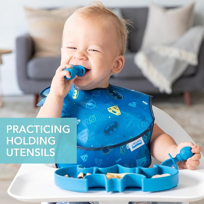 Bumkins Baby Utensils Set, Chewtensils Silicone Spoons for Dipping, Self-Feeding, Baby Led Weaning, Trainer Learning, First Stage Eating, Soft Practice Fork and Spoon, 6 Months, Batman Blue-CubbioJoy