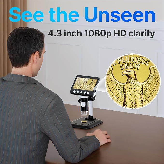 Coin Microscope, 4.3" LCD USB Digital 1000X Coin Magnifier with 8 Adjustable LED Lights, 1080P PC View Compatible with Windows/MacBook for Adults Kids-CubbioJoy