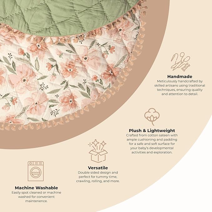 Crane Baby Padded Floor Mat, Pink Floral Nursery Decor, Activity Mat, 40" x 40", Baby Tummy Time, Baby Girl Nursery Essentials-CubbioJoy