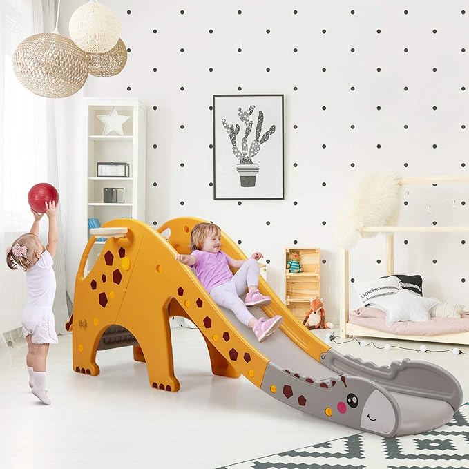 BABY JOY Toddler Slide, Kids Large Slide Play Climber Set with Long Slipping Slope, Basketball Hoop and Ball, Enclosed Steps, Easy Assemble Indoor Outdoor Backyard Freestanding Slides for Kids Age 1-8-CubbioJoy