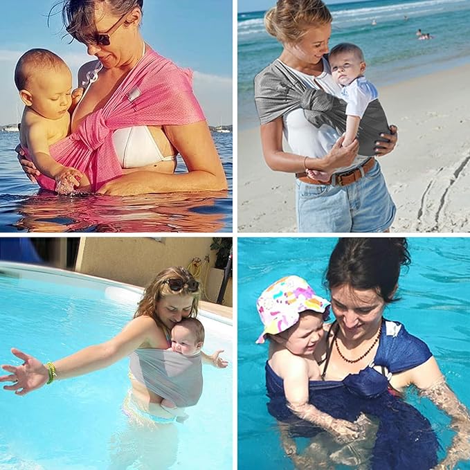 CUBY Water Baby Sling Carrier Lightweight Breathable Mesh Baby Ring Slings, Adjustable Quick-Drying Ring Sling Baby Carrier for Newborn Kids Toddlers Summer Swimming Pool Beach(Light Gray)-CubbioJoy