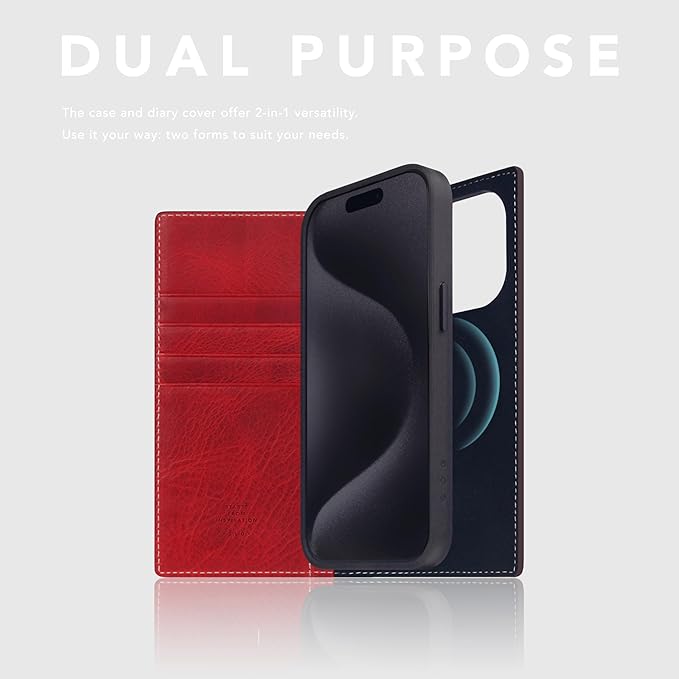 D7 Italian Wax Leather Wallet Case for iPhone 15 Pro - [2-in-1] Handcrafted Detachable Diary Style with Magnetic MagSafe Back Cover, Gift Box Included (Red)-CubbioJoy