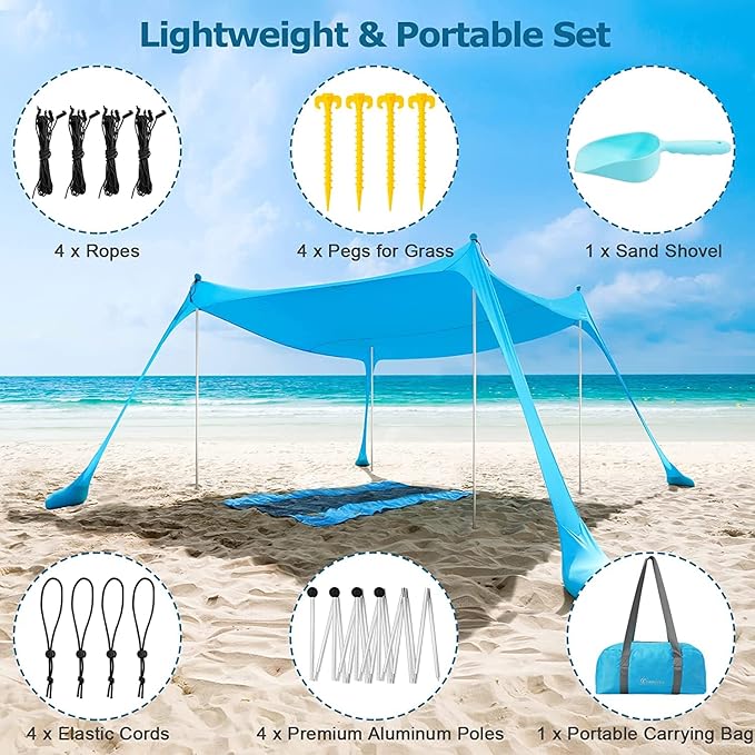 COMMOUDS Beach Tent Sun Shelter - UPF50+ Pop Up Beach Canopy with Sandbags & Sand Shovel & Windproof Poles, Portable Sun Shade for Beach, Camping, Picnics, Backyard-CubbioJoy