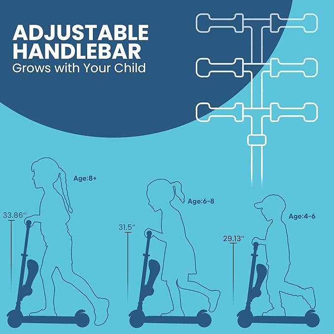 Blue 3 Wheel Scooter with Seat for Kids – Light-Up LED Wheels, Adjustable Handlebar and Seat, Smooth PU Wheels, Wide Anti-Slip Deck, Rear Foot Brake – Toddler Outdoor Toys for Ages 2+-CubbioJoy