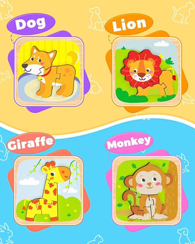 Benresive Wooden Toddler Puzzles, 4pcs Animal Montessori Toys for 1-3 Year Old Boys & Girls, Learning Educational Preschool Toys, Great Gifts for 1 2 3 Year Olds-CubbioJoy