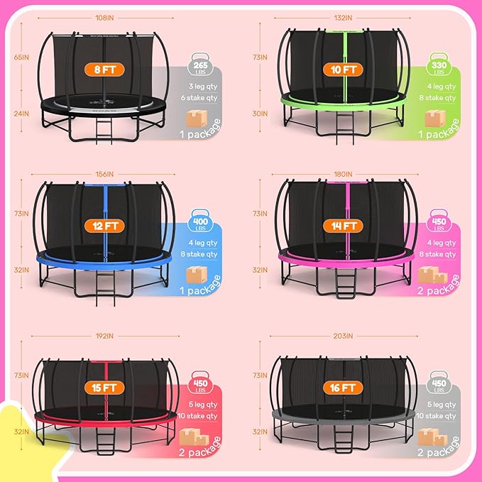 BCAN 8FT 10FT 12FT 14FT 15FT 16FT Recreational Trampoline with Enclosure for Kids Adults, ASTM Approved, Outdoor Trampolines with Ladder for Kids-CubbioJoy