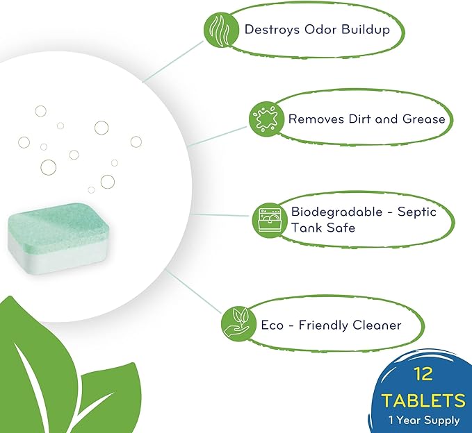 Dishwasher Cleaner, Heavy Duty, Septic Safe, Removal of Odors, Limescale, Smell, Grime, and Calcium - 12 Tablets - 12 Month Supply - Unscented-CubbioJoy