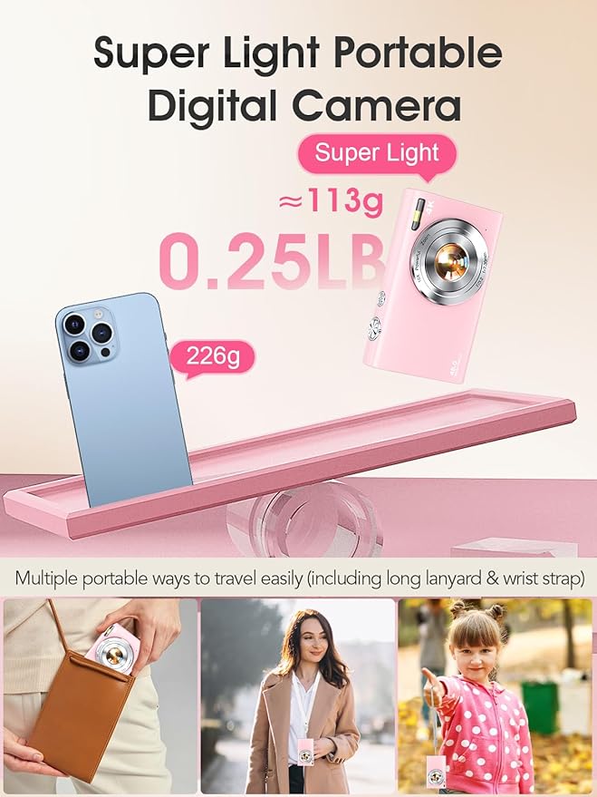Digital Camera,Autofocus 4K Vlogging Camera for Photography with 32GB Card,48MP Portable Compact Point and Shoot Digital Camera for Teens Adult Beginner with 16X Zoom,Anti-Shake,2 Batteries(Pink)-CubbioJoy