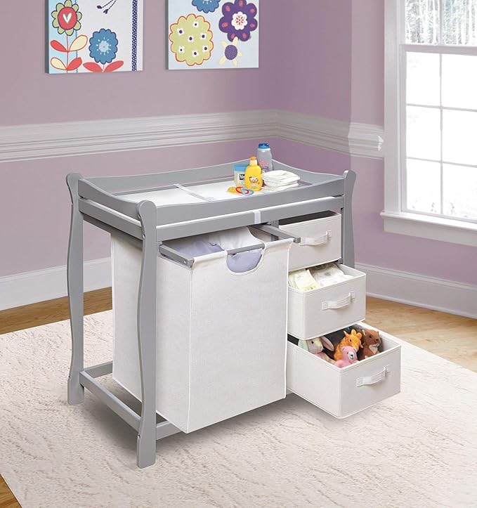 Badger Basket Sleigh-Style Baby Changing Table - Diaper Changing Station with 3 Storage Baskets - Nursery Organizer with Hamper, Changing Pad, Safety Rails - Gray-CubbioJoy