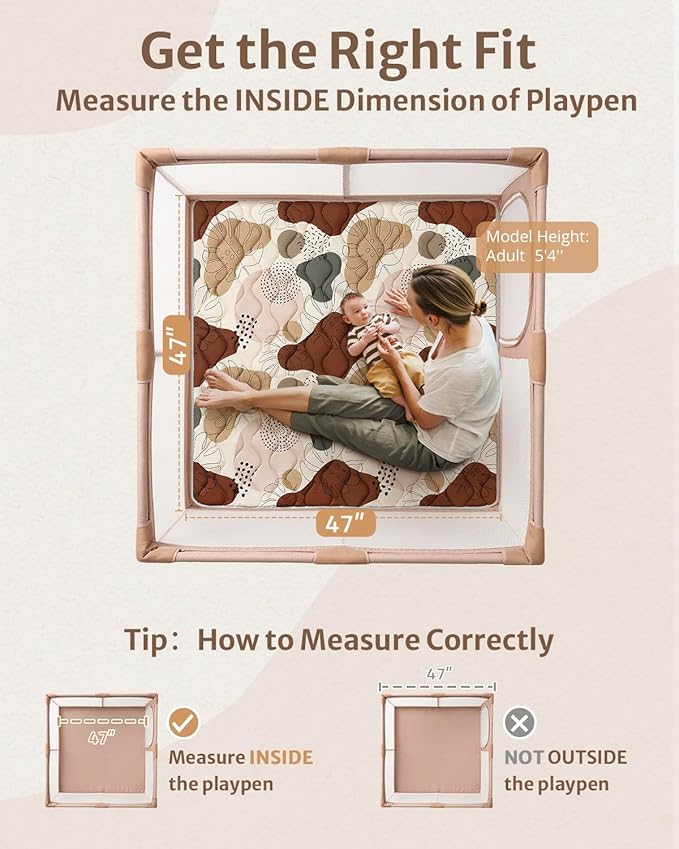 Blissful Diary Baby Play Mats for Floor, 47x47 Playpen Mat, Thicker Cushioning Padding Foam Playmat for Baby and Toddlers Infants, Non-Slip & Machine Washable, Boho Design-CubbioJoy