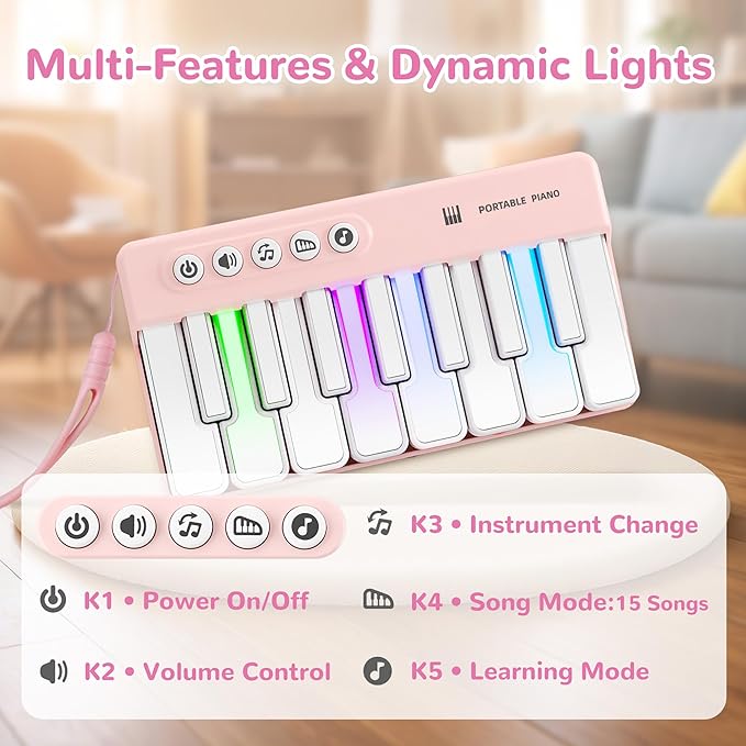 iPlay, iLearn Kids Mini Piano Toy W/Rainbow Lights, Portable Travel Piano Keyboard Toddlers Musical Instrument Learning Toys, Music Interactive Birthday Gift for 2 3 4 5 6 Year Old Girls Children-CubbioJoy