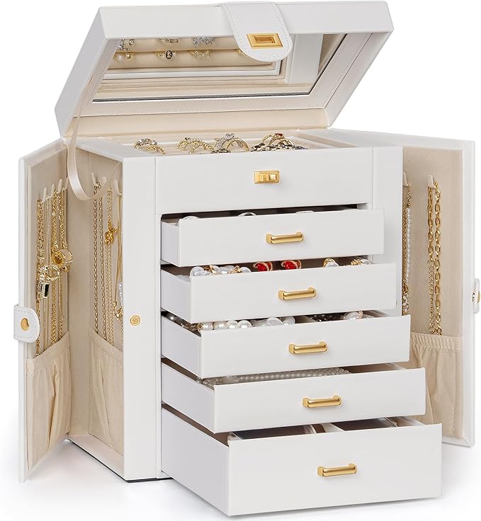 AKOZLIN 6-Tier Jewelry Box Organizer Functional 5 Drawers Leather Jewelry Storage Case for Women Girls Ring Necklace Earring Bracelet Holder Organizer with Mirror White-CubbioJoy