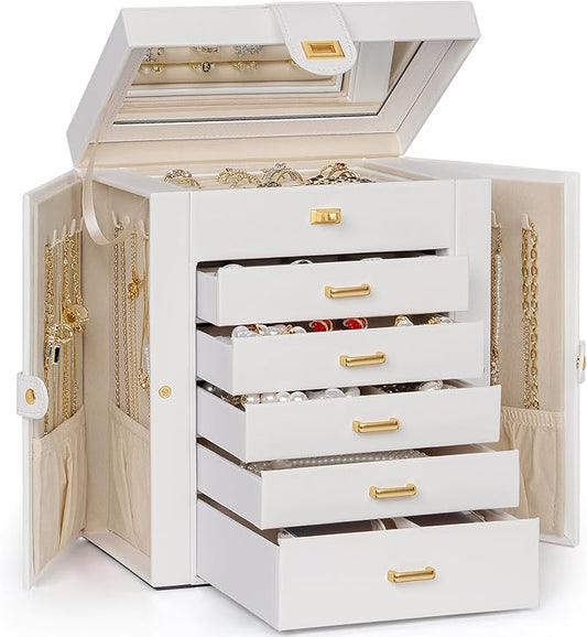 AKOZLIN 6-Tier Jewelry Box Organizer Functional 5 Drawers Leather Jewelry Storage Case for Women Girls Ring Necklace Earring Bracelet Holder Organizer with Mirror White-CubbioJoy