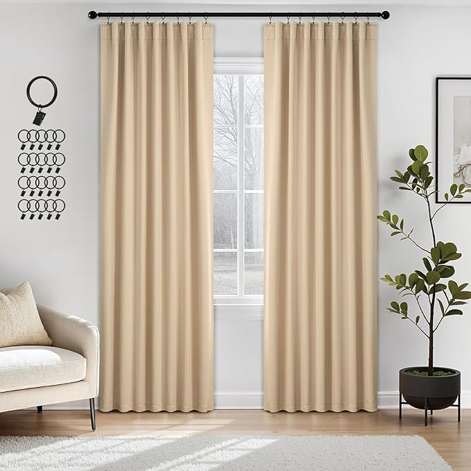 ANRODUO Back Tab Blackout Curtains for Bedroom Living Room, Rod Pocket Pinch Pleated Thermal Insulated Room Darkening Curtains 84 Inches Long 2 Panels, Beige, 42 x 84 Inch-CubbioJoy