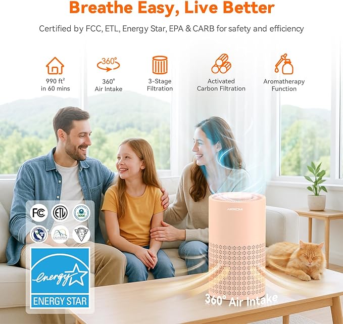 AIRROMI Air Purifier for Bedroom with HEPA 3-in-1 Filter, Pet Air Purifier for Home Cat Pee Smell, Covers Upto 990 Ft², Quiet 360°intake Air Cleaner for pet hair,allergies,Dust,Smoke A2001 Orange-CubbioJoy