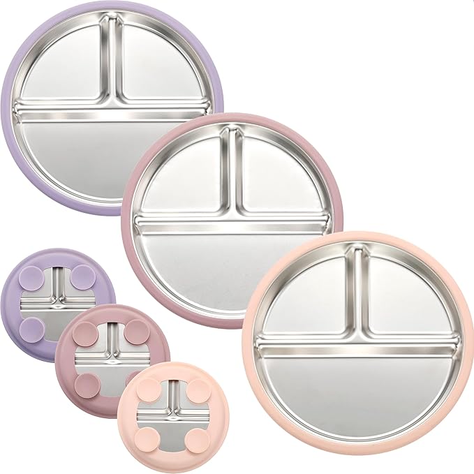 3Pack Stainless Steel Kids Plates, 8.1" Divided Toddler Plates with Removable Silicone Suction Sleeves for Baby Highchairs, Non Toxic BPA Free Non-Slip Unbreakable Snack Lunch Plate-CubbioJoy