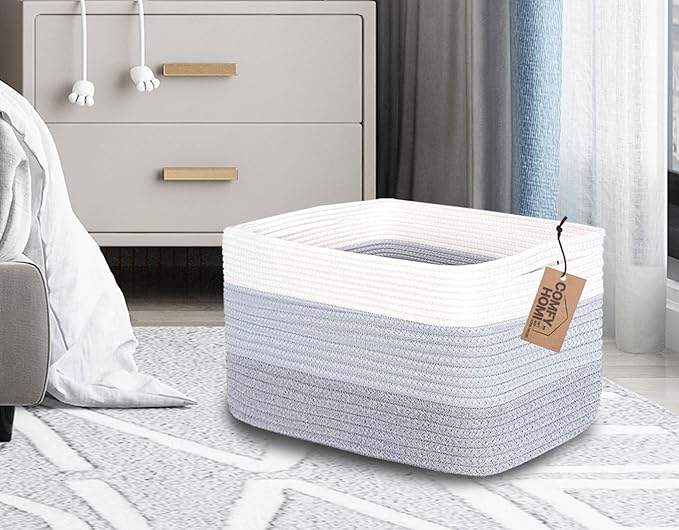 COMFY-HOMI 3PACK Cotton Rope Woven Basket With Handles for Shelves, Toy, Book, Cloth Storage Basket for Organizing|13.5" x 11" x 9.5" Decorative Nursery Cube Bin for Living Room（White / 3-Tone Grey）-CubbioJoy