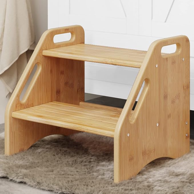 AMBIRD Wooden Step Stool, Two Step Stools Toddler 300 lbs Capacity with Safety Non-Slip Pads and Handles, Bamboo Step Stool for Bathroom, Kitchen Dual Height Step Stools for Kids (Natural)-CubbioJoy
